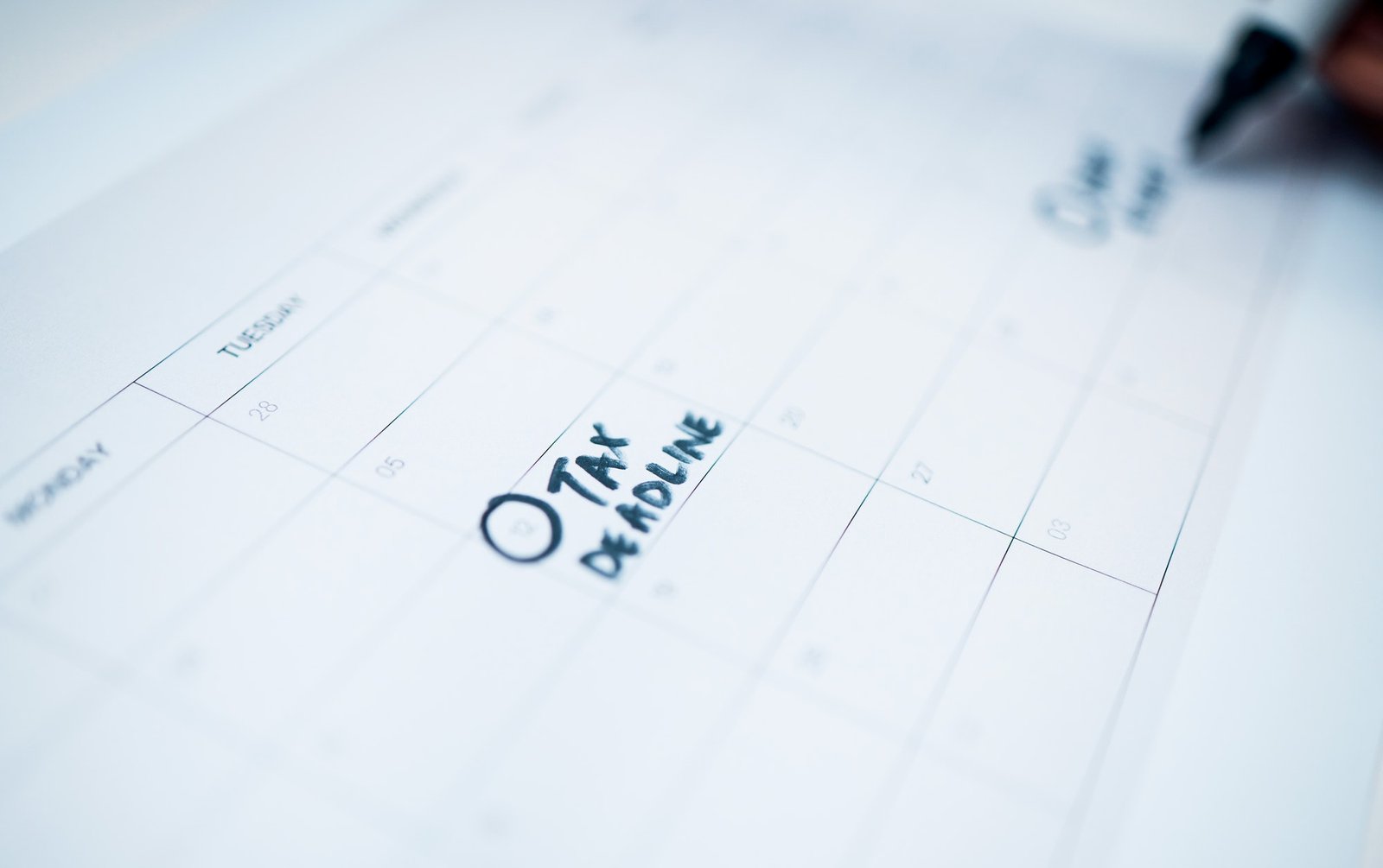 Person, calendar and date for tax, deadline or reminder in schedule planning or strategy on desk at