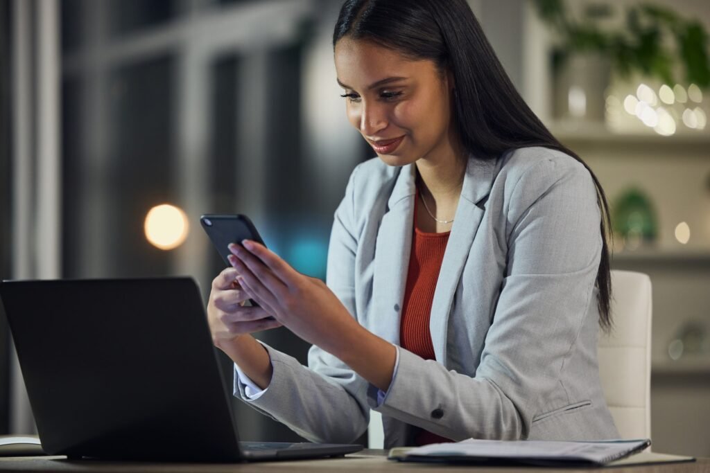 Stock market, phone app and finance planning for financial advisor, trader and investor working lat