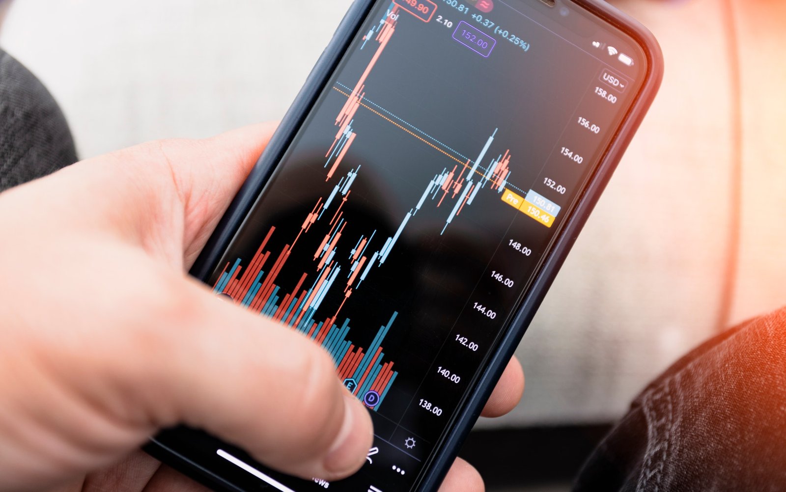 Stock market investment app in hand. Telephone with a stock chart.